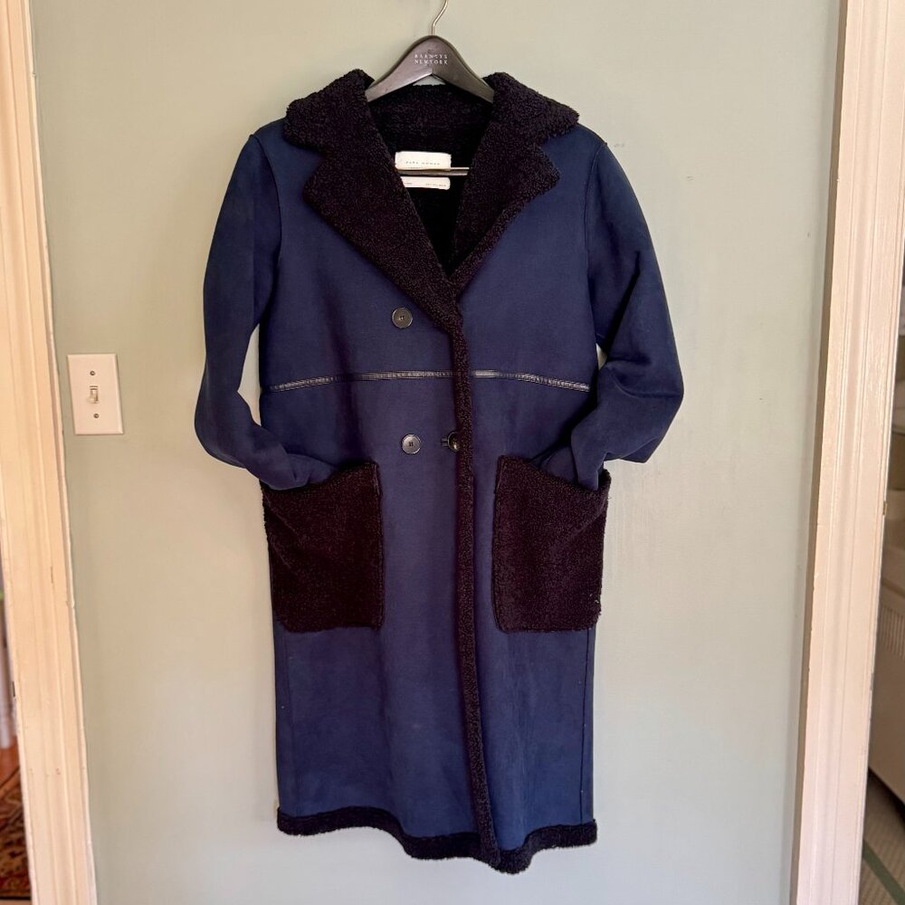 Shearling Style Long Coat in Navy